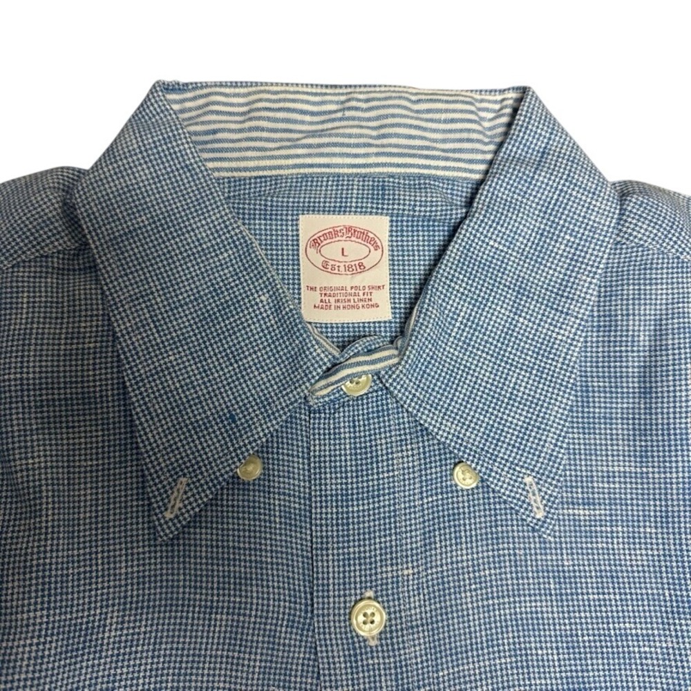 Brooks Brothers Mens L Irish Linen Blue Micro Houndstooth Button Down Shirt - Picture 3 of 12